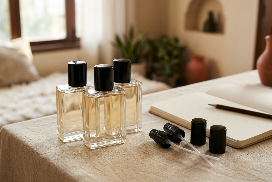 Three unbranded perfume bottles with black caps, loose sprayers and a notebook on a warm neutral worktable.